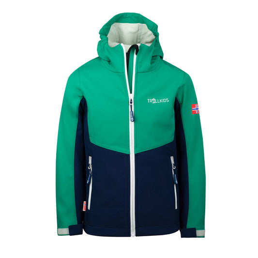 Παιδικό μπουφάν Softshell Trollkids Kids Kristiansand Jacket με πράσινη/μπλε κουκούλα (320-327)