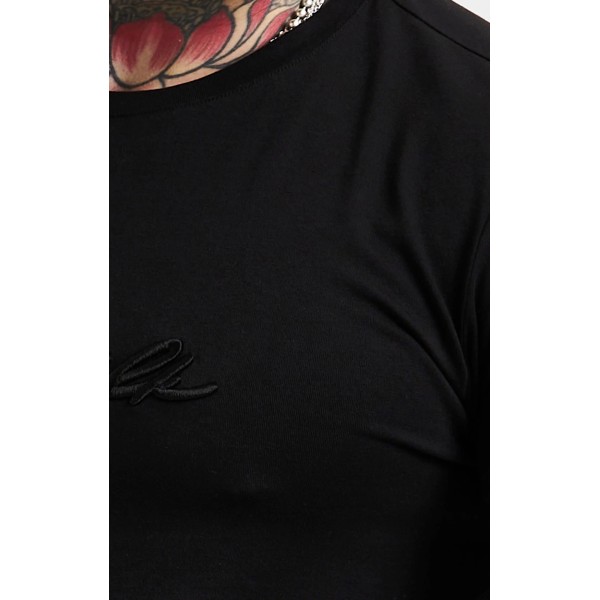 SikSilk Black Script Embroidery Muscle Fit T-Shirt
