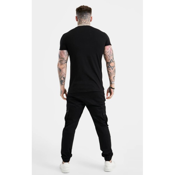SikSilk Black Script Embroidery Muscle Fit T-Shirt